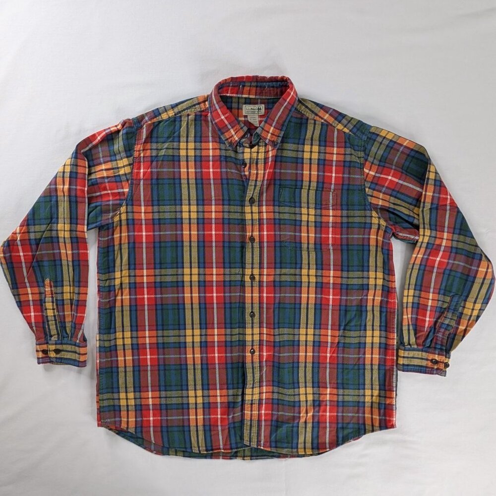 L.L. Bean VTG Red Blue Yellow Green Plaid Flannel Button Down Collared Shirt